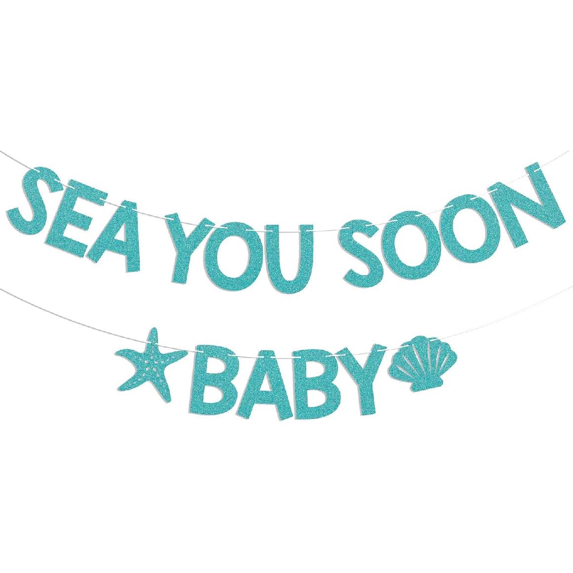 Sea You Soon Baby Banner - Ocean Animals Welcome Boy or Girl Banner, Under The Sea Baby Shower Decorations Blue Glitter
