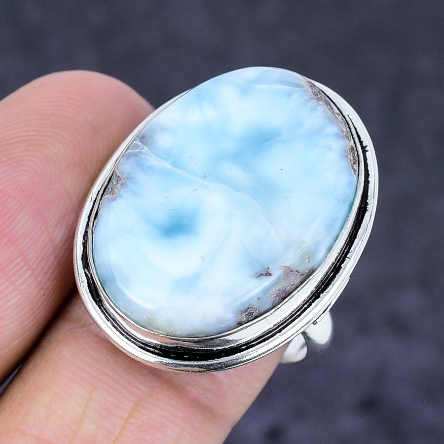 Natural Larimar Gemstone Handmade 925 Sterling Silver Jewelry Ring Size 8.5 R4b22