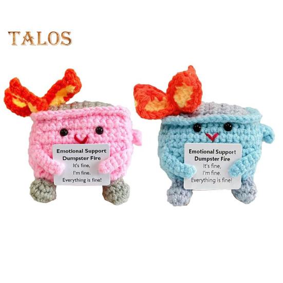 2Pcs Positive Crochet Flame Dumpster with Encouraging Card Emotional Support Handmade Knitting Trash Can Doll Decoration Ornament
