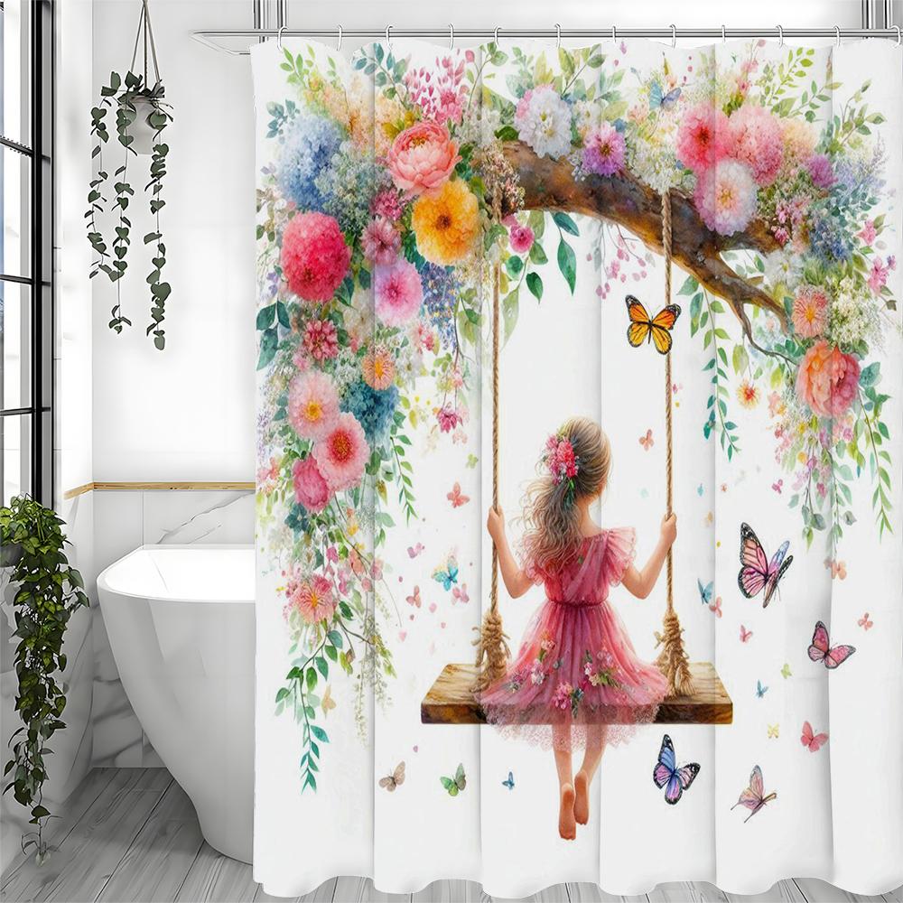 

Маленькая девочка, качающаяся на деревьях, Цветочная бабочка, Занавеска для душа, Декоративная занавеска для душа для ванной комнаты, Водонепроницаемая занавеска для душа с 90*180cm