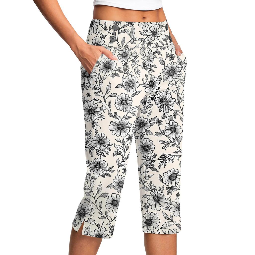 Damen Vintage Floral Print Knopf Tasche Hose Schlitz Hohe Taille Sport Yoga Freizeit Hose