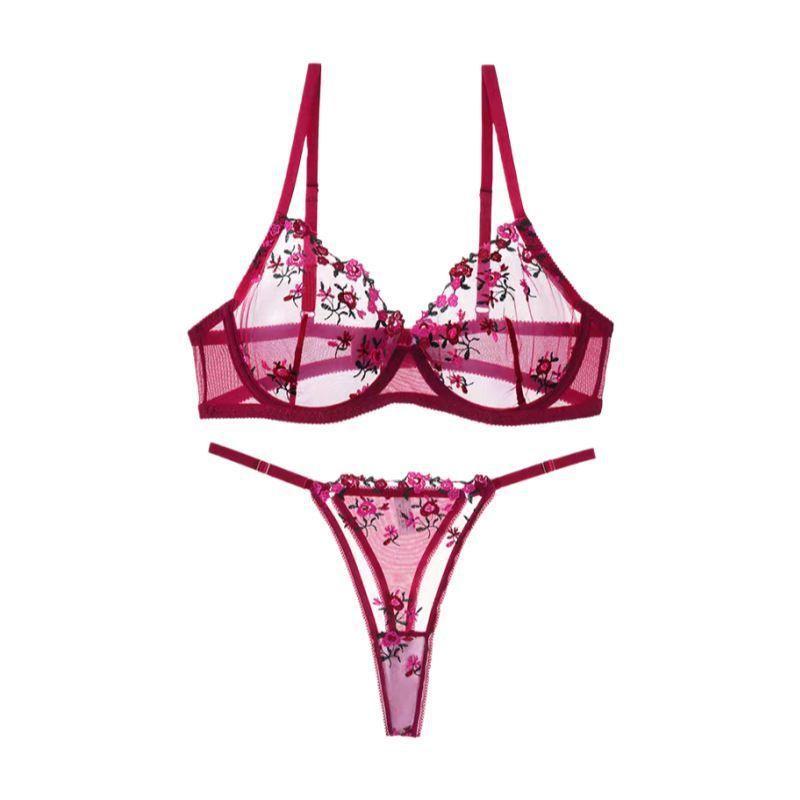 French floral embroidered underwear women's big breasts show small sexy transparent steel ring upper support anti-sagging bra cover