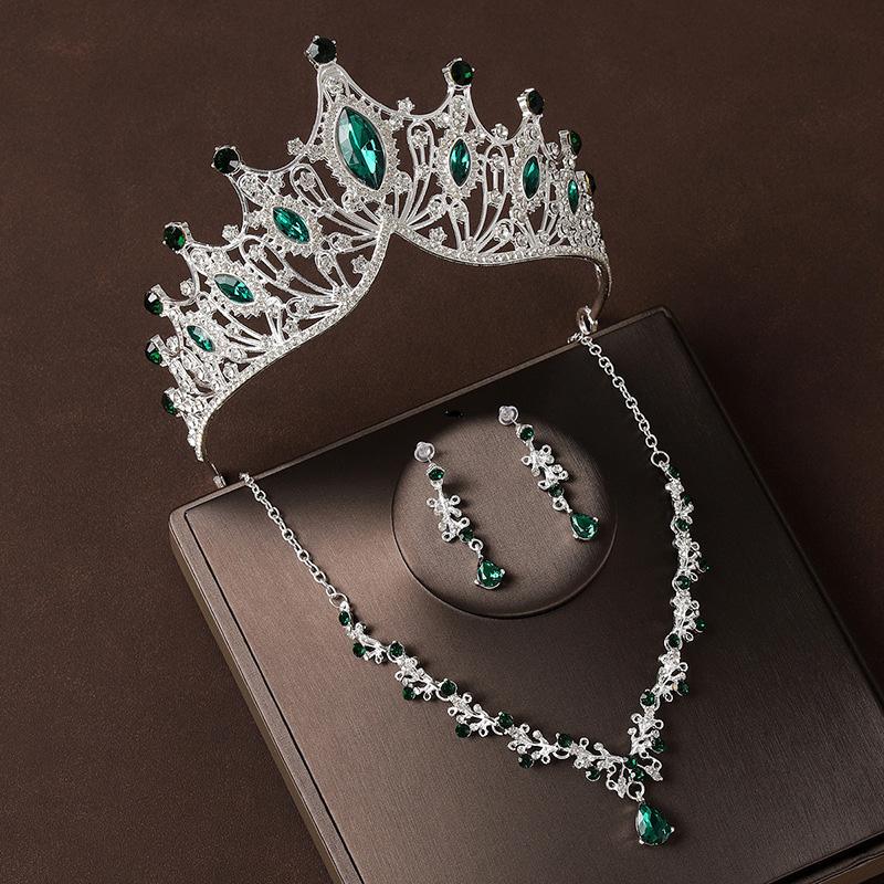 

Набор из 3 предметов: хрустальная корона, набор барочных украшений, аксессуары для волос, ожерелье, серьги, на день рождения, на свадьбу, со стразами, для женщин, для девочек серебряный/зелёный