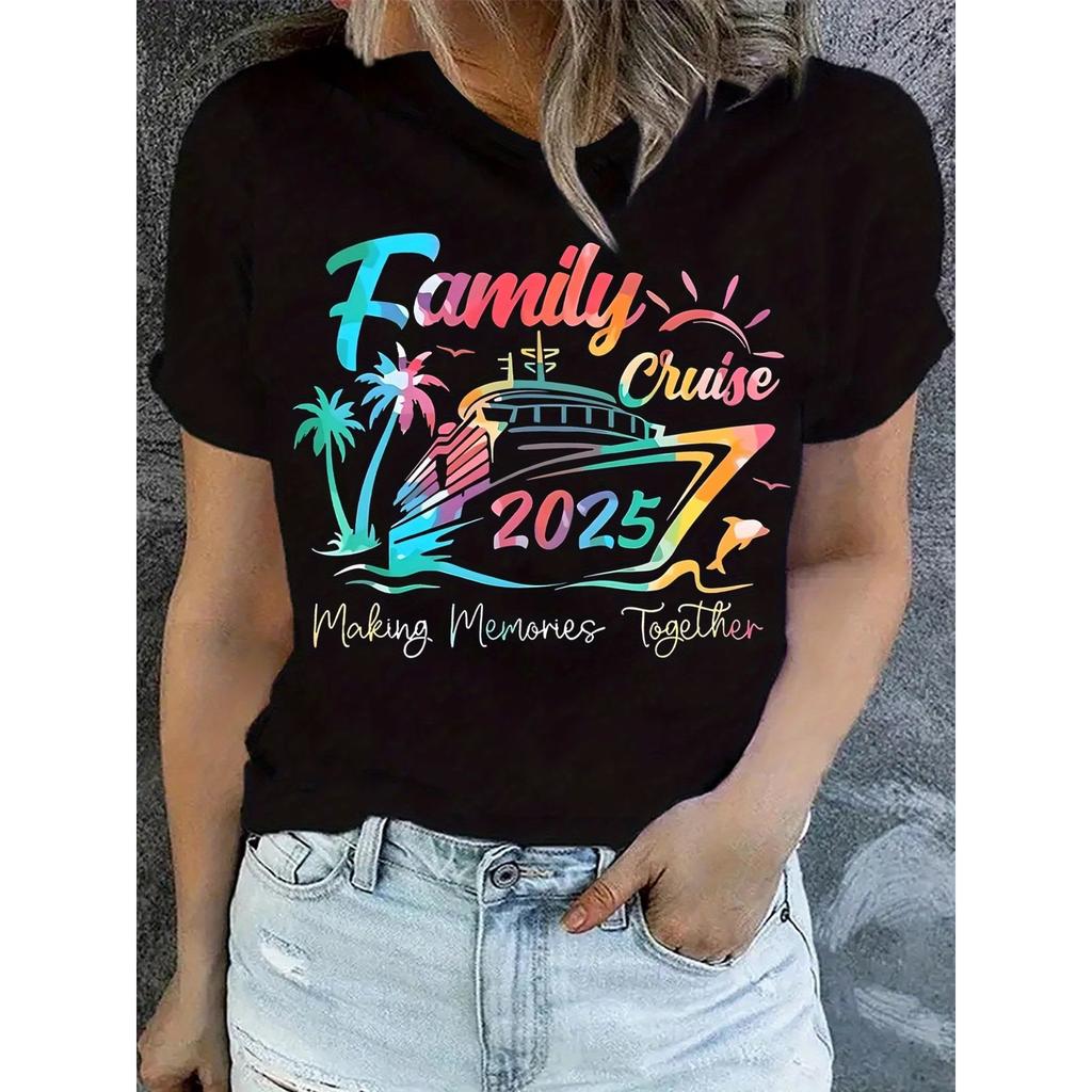 Women'S Casual "Family Cruise" Graphic T-Shirt - Black, Short Sleeve, Round Neck, Comfortable Knit Fabric, Lightweight for All Seasons