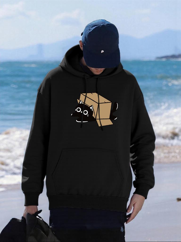 Cardboard Box Black Cat Printing Man Hoody Loose Fleece Hoodies Autumn All-Match Pullovers Multicolor Hip Hop Mens Sportswears