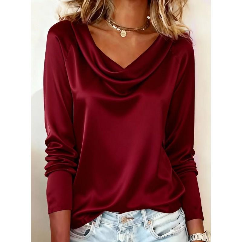 Womens Long Sleeve Flowy Neck Top Pure Color Elegant Office Blouse Soft Stretch Cotton Blend