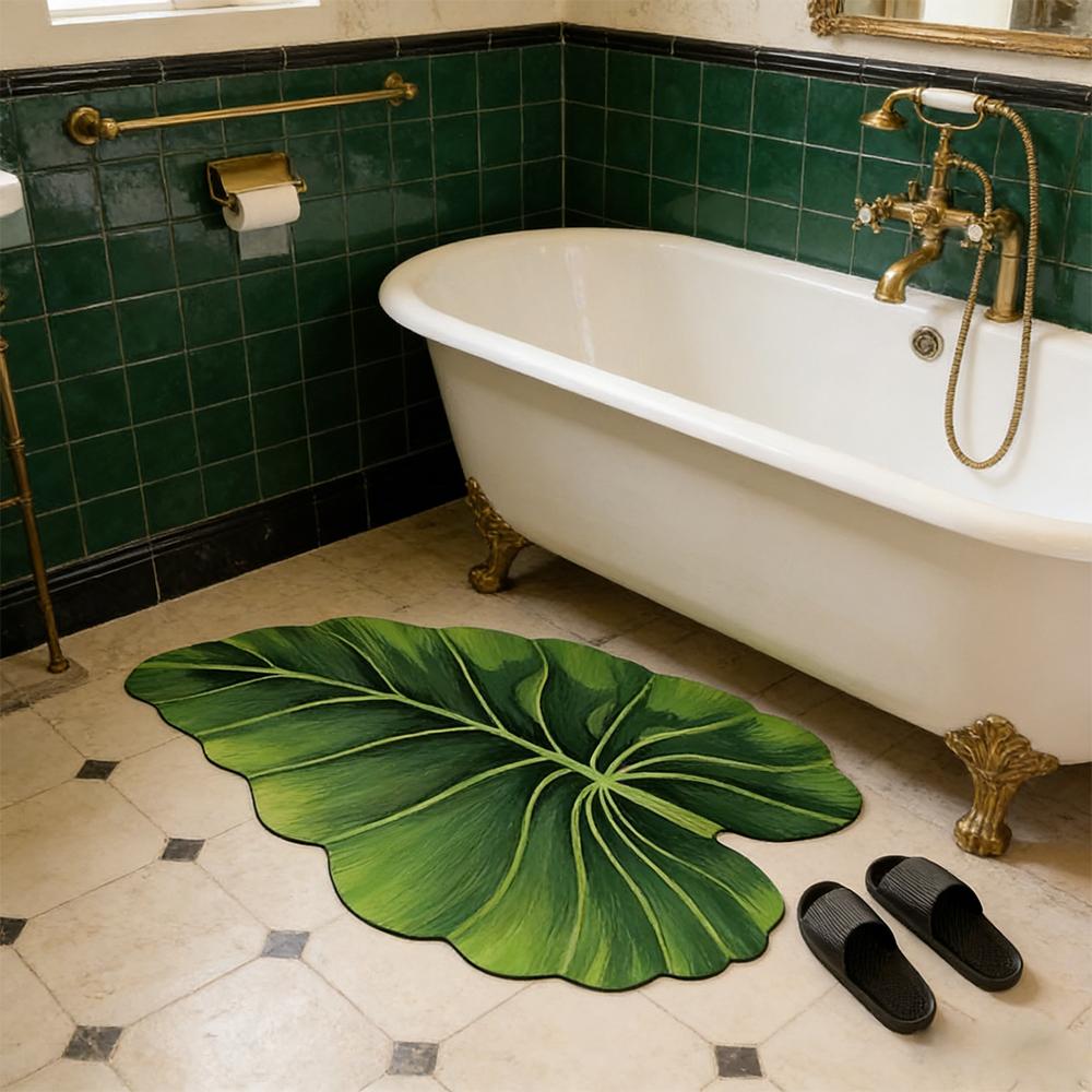 1PC Green Leaf Shaped Floor Mat, Quick-Dry Bathroom Rug, Bedroom Bedside Decorative Carpet Kitchen Door Stain Resistant Foot Mat