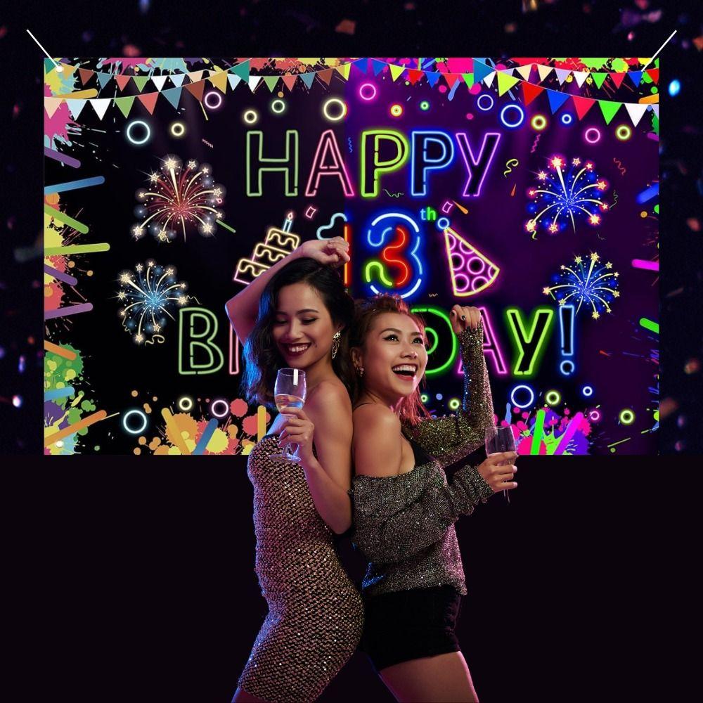 Party Backdrop Polyester Neon Birthday Party Decorations Happy 13th Boys