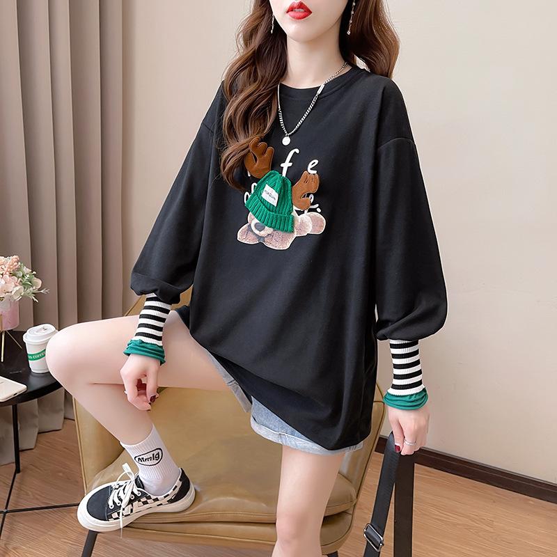 Spring Autumn O Neck Fashion Printing Striped Patchwork T-shirt Women Long Sleeve Loose Casual Bottomed Tee Top