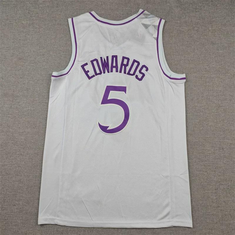 Timberwolves Nej. 5 Edwards Broderad Jersey - Vit/Lila Basketuniform