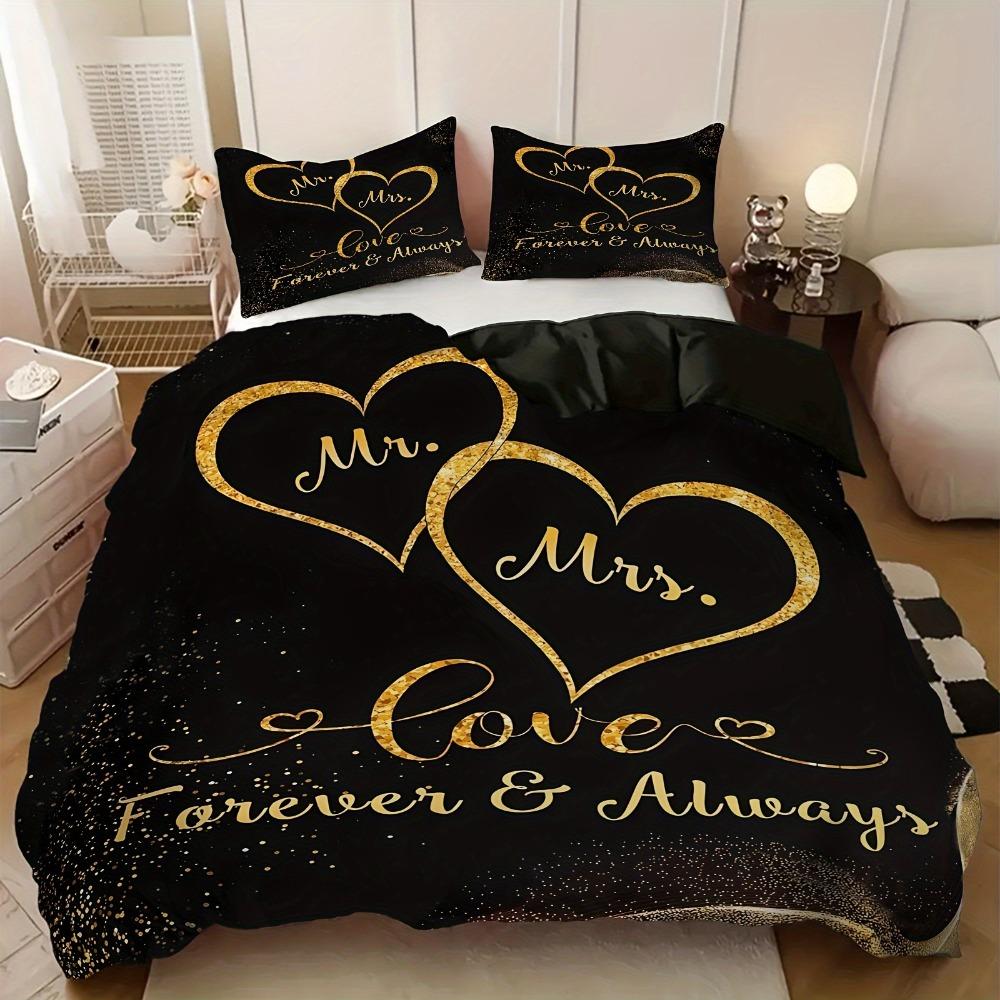 3pcs Black Golden Bedding Set Love Forever Printed Cozy Duvet Cover King Queen Twin Size Birthday Gift for Adult Bedroom Decor