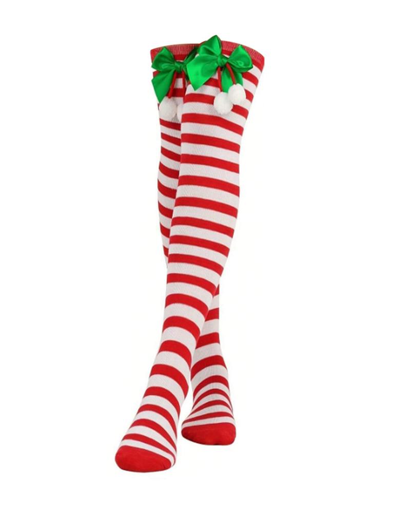 1 Paar Weihnachten Schleifensocken Kugel-Socken Overknee-Strümpfe Weihnachten Gestreifte Strümpfe, Partydekorationsstrümpfe