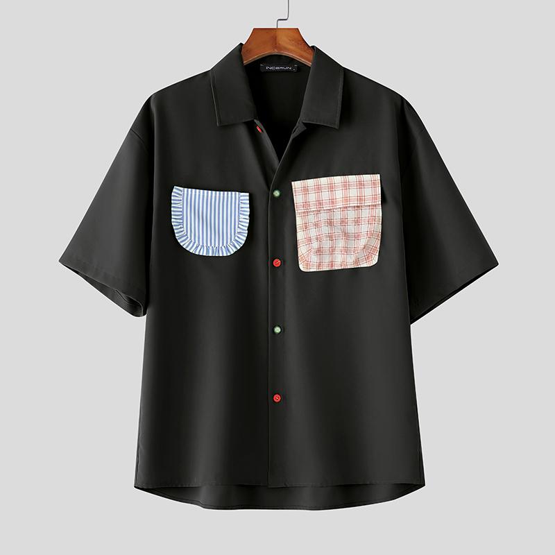 INCERUN Oversized Summer Men Lapel Neck Plaid Print Patchwork Buttons Casual Shirts