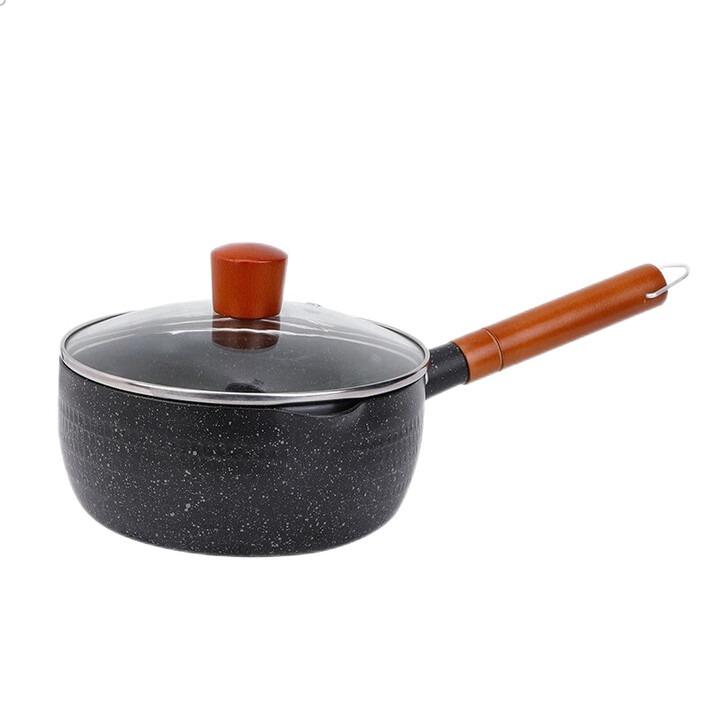 Cookware Non-Stick Milk Pot with Lid and Pour Spout Universal Cooking Saucepan Flat Bottom Wood Handle Frying Pan Porridge