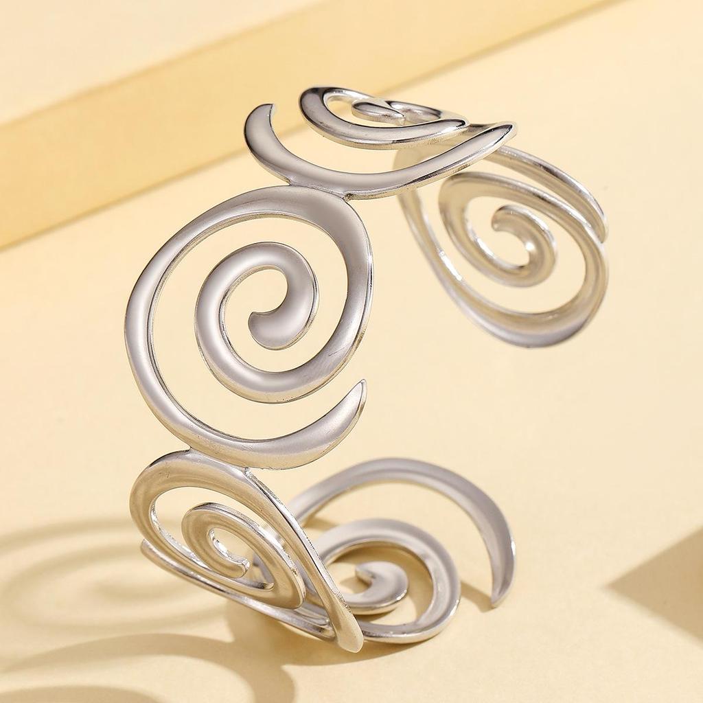 Vintage Hollow Spiral Open Cuff Gold-Plated Stainless Steel Bracelet for Women