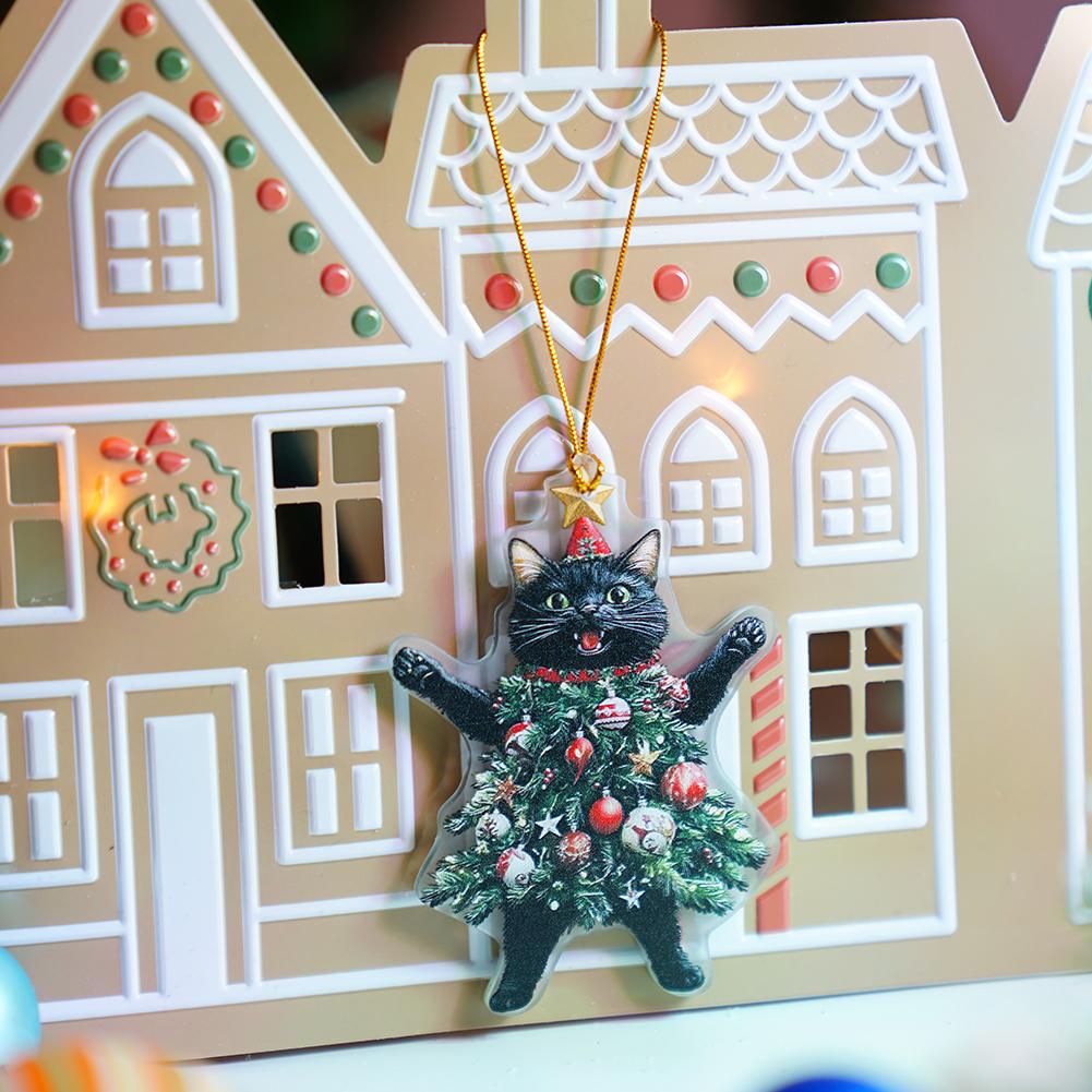 2D Christmas Tree Hanging Pendant Car Rearview Mirror Ornaments Acrylic Cat For Tree Decorations Party Supplies New Year Gifts