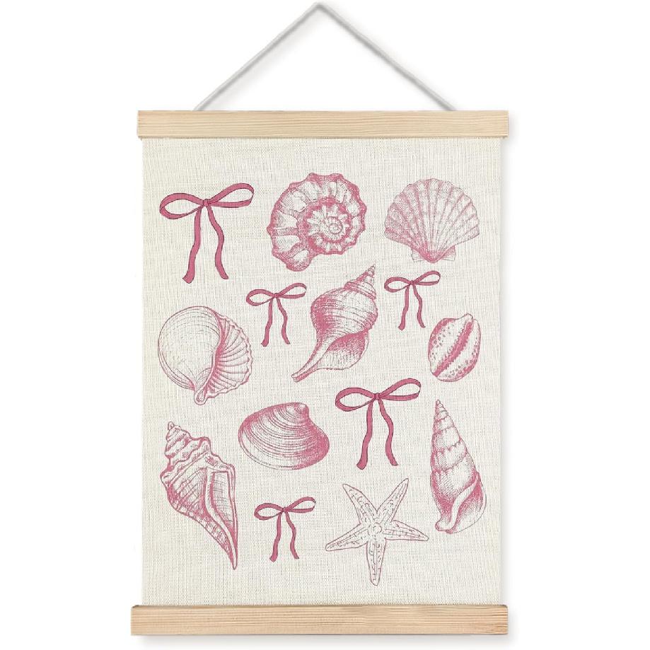 ignytiger Coastal Beach Seashell Wall Art Poster Framed, Ocean Beachy Room Decor Aesthetic, Blue Coquette Bow Seashell Canvas Wall Art Prints for
