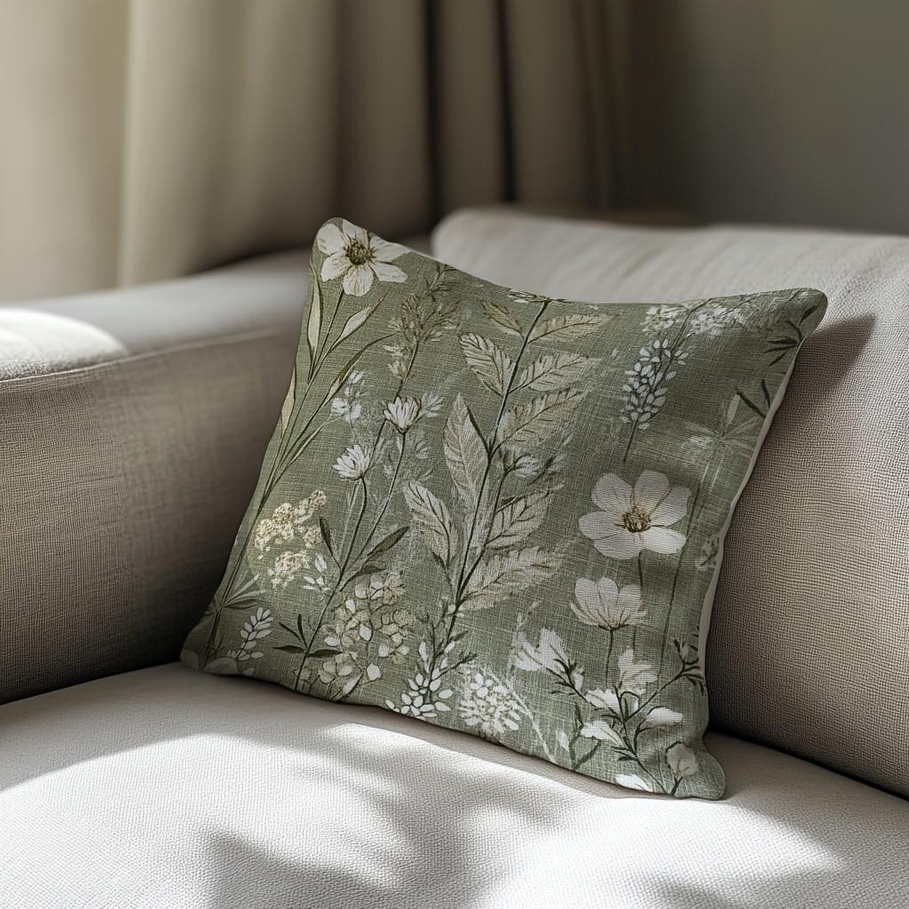 1Pc Sage Green Wildflower Pillow Cover, Polyester 2D Double-Sided Print, Soft Throw Pillow Case, Farmhouse Decor, Perfect Gift F