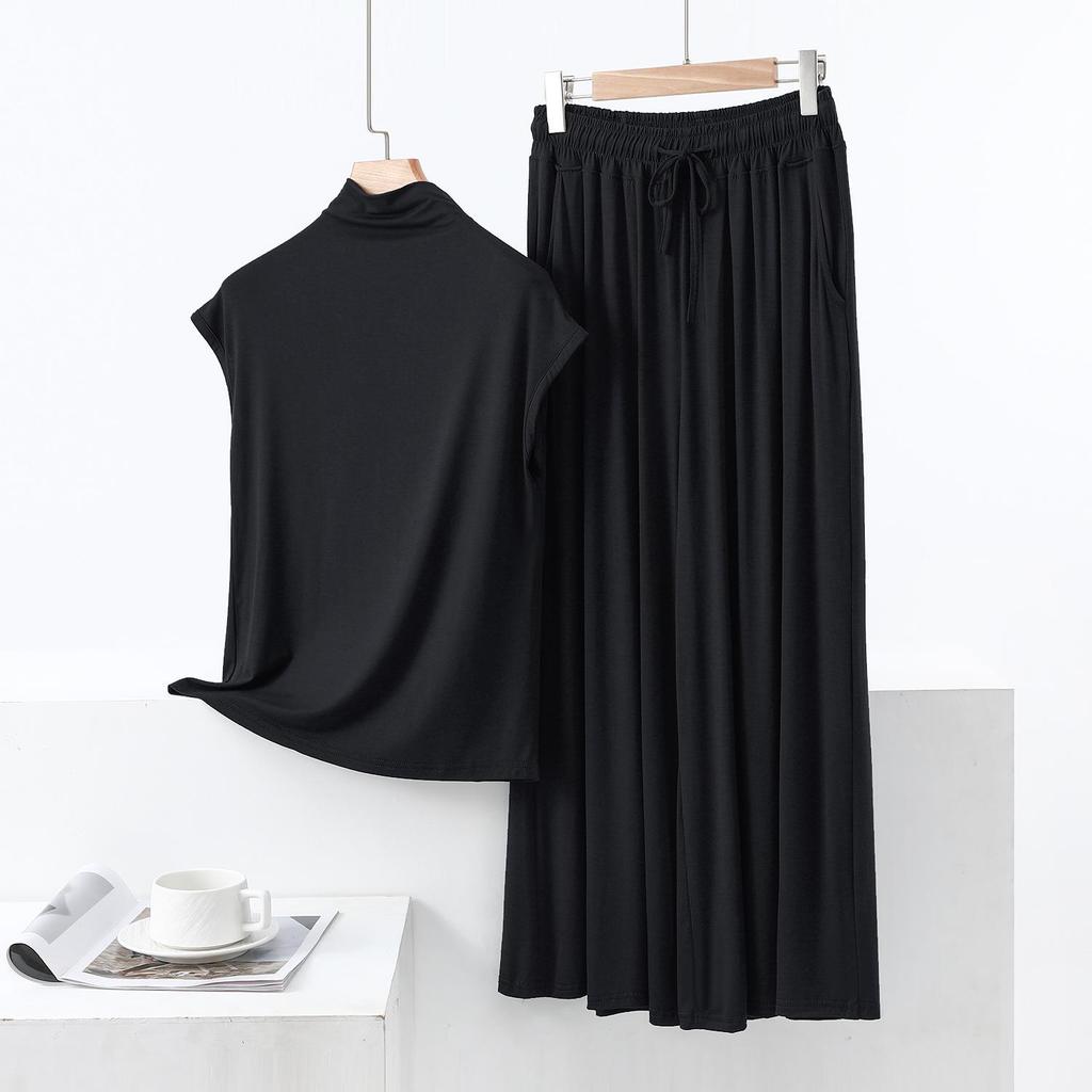 Summer High-Neck Sleeveless Top & Color Block Wide-Leg Pants Two-Piece Set