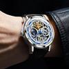 OLEVS Men's Mechanical Automatic & Manual Leather Fashion Watch Blue Skeleton Moon Phase Waterproof