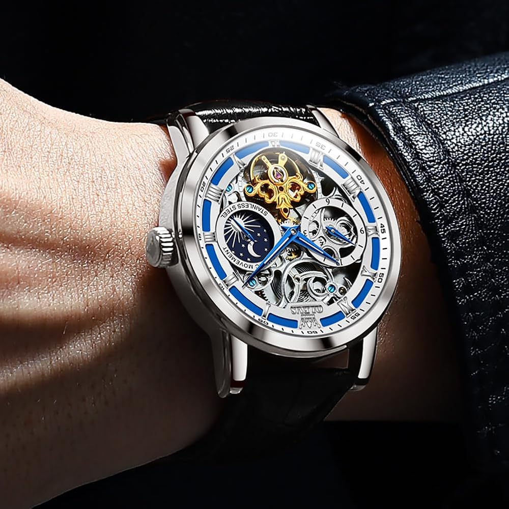 OLEVS Men's Mechanical Automatic & Manual Leather Fashion Watch Blue Skeleton Moon Phase Waterproof