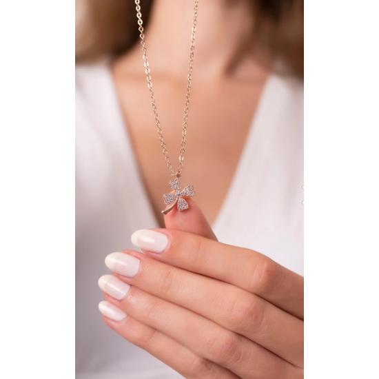 Clover Motif Stone 14k Rose Gold Plated Women's Necklace