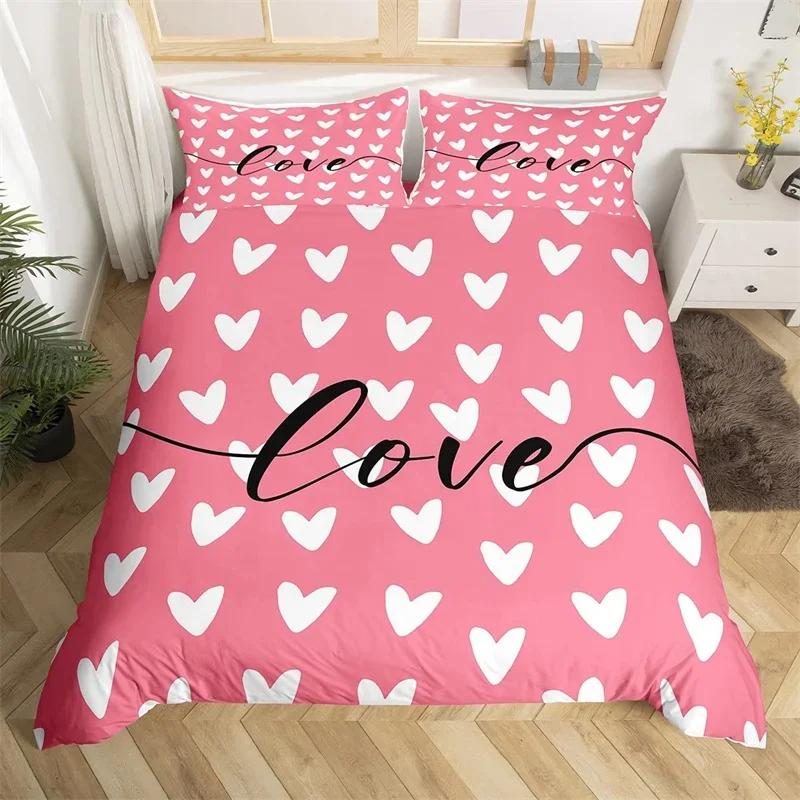 Romantic Valentines Duvet Cover King Kawaii Love Heart Theme Bedding Set Patchwork Geometric Comforter Cover Red Gnome Bed Sets