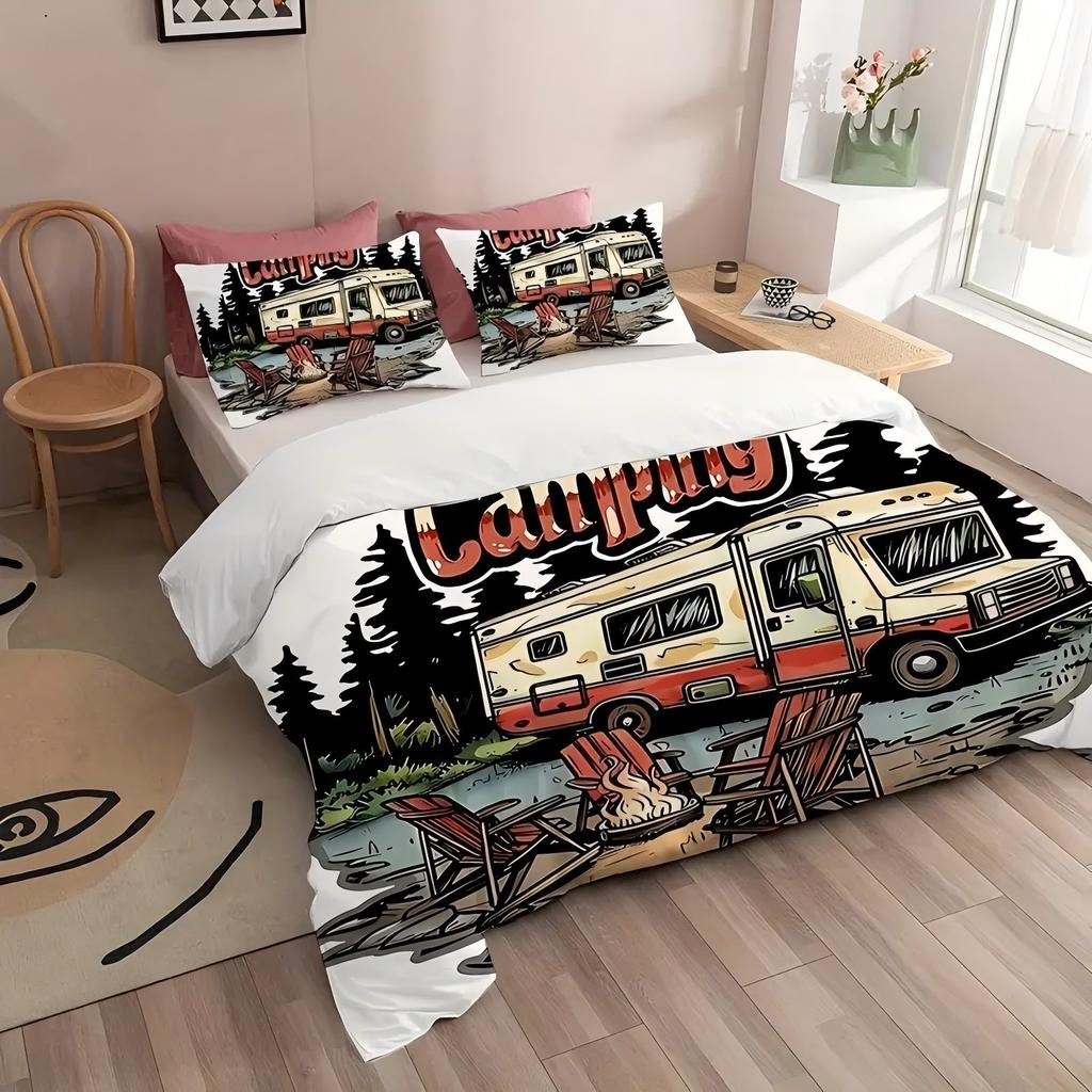 Vintage wooden board tourist bus RV forest 3d print Quilt cover Retro Style Bed Cover Pillowcase Luxury Home Textile Duvet Cover