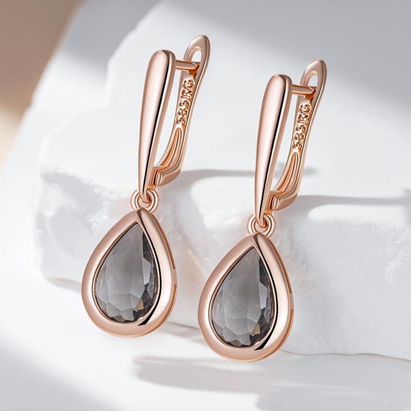 Grey Crystal Water Drop Dangle Earrings For Women  Rose Gold Color With Natural Zircon High Quality Daily Jewelry