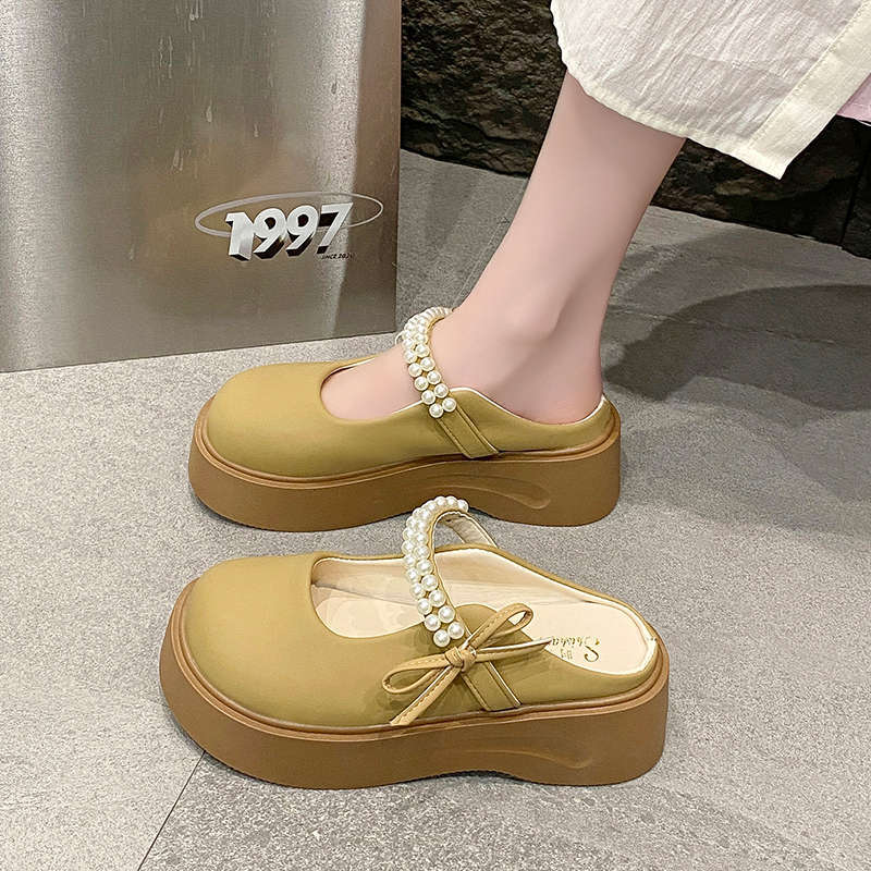 Pearl fairy wind thick bottom heightening Mary Jane cool slippers women wear 2025 summer new bag head half slippers