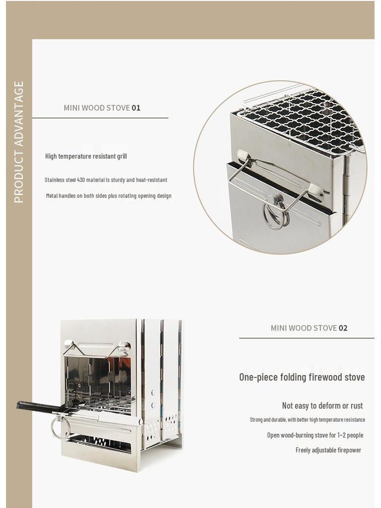 Stainless Steel Outdoor Folding Firewood and Charcoal Stove with Integrated Fire Starter for Camping, BBQ, and Heating