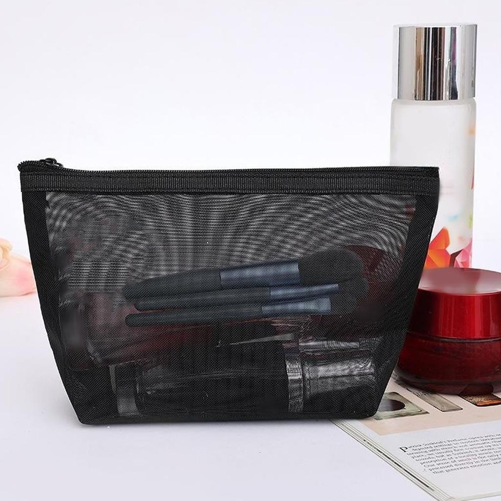 Trousse de maquillage en maille grande capacité avec fermeture, pochette de voyage pour produits cosmétiques, organisateur de toilette en maille