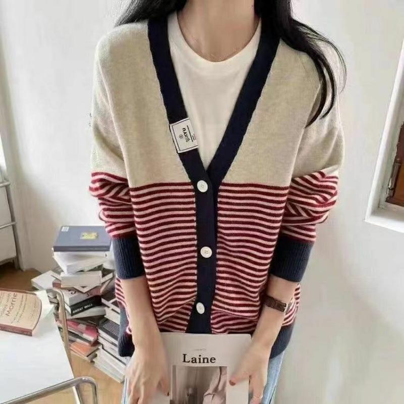 

Ленивый стиль V-образный вырез полосатый вязаный кардиган для женщин весна и осень свободный и универсальный утягивающий свитер куртка модный One Size синий