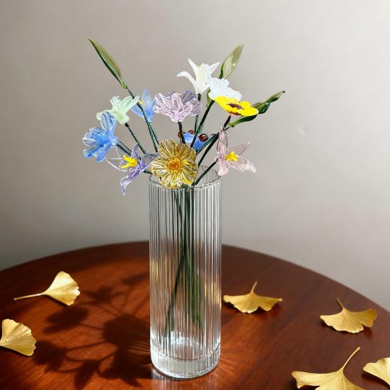 Ručně foukaná skleněná květinová dekorace s drátěným stonkem, ručně vyráběná figurka s barevnou glazurou, květinová váza, ozdoba do domácího obývacího pokoje, na kancelářský stůl