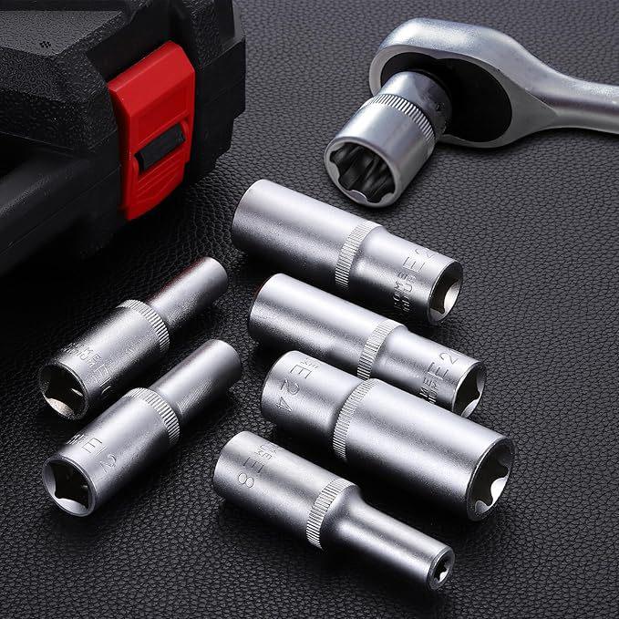 10-Piece 1/2" E8-E24 External Hex Long Deep Socket Wrench Set, CR-V Steel