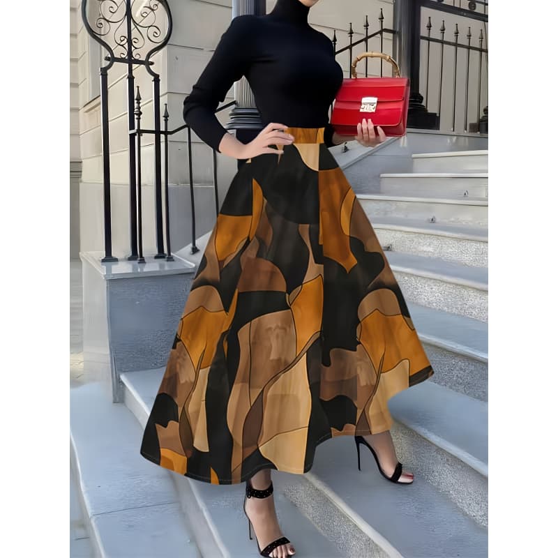 Elegancka i modna spódnica midi damska, casualowa sukienka midi z nadrukiem, modny wzorzysty nadruk, do biura/na relaks/na randkę/na imprezy/na kanapki