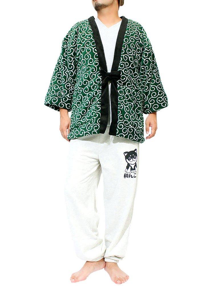 Wankodo Men's Warm Hanten Jacket, Large Size, Boa Fabric, Arabesque Print, Shiba Inu, Kyoto-Originated Mascot, Wankodo Chanchanko, 5L, Green