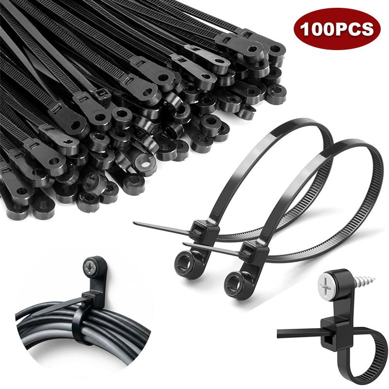 100PCS/SET Screw Hole Nylon Cable Ties Multipurpose Heavy Duty Self-locking Cord Ties Organizer Adjustable DIY Fastening Loop