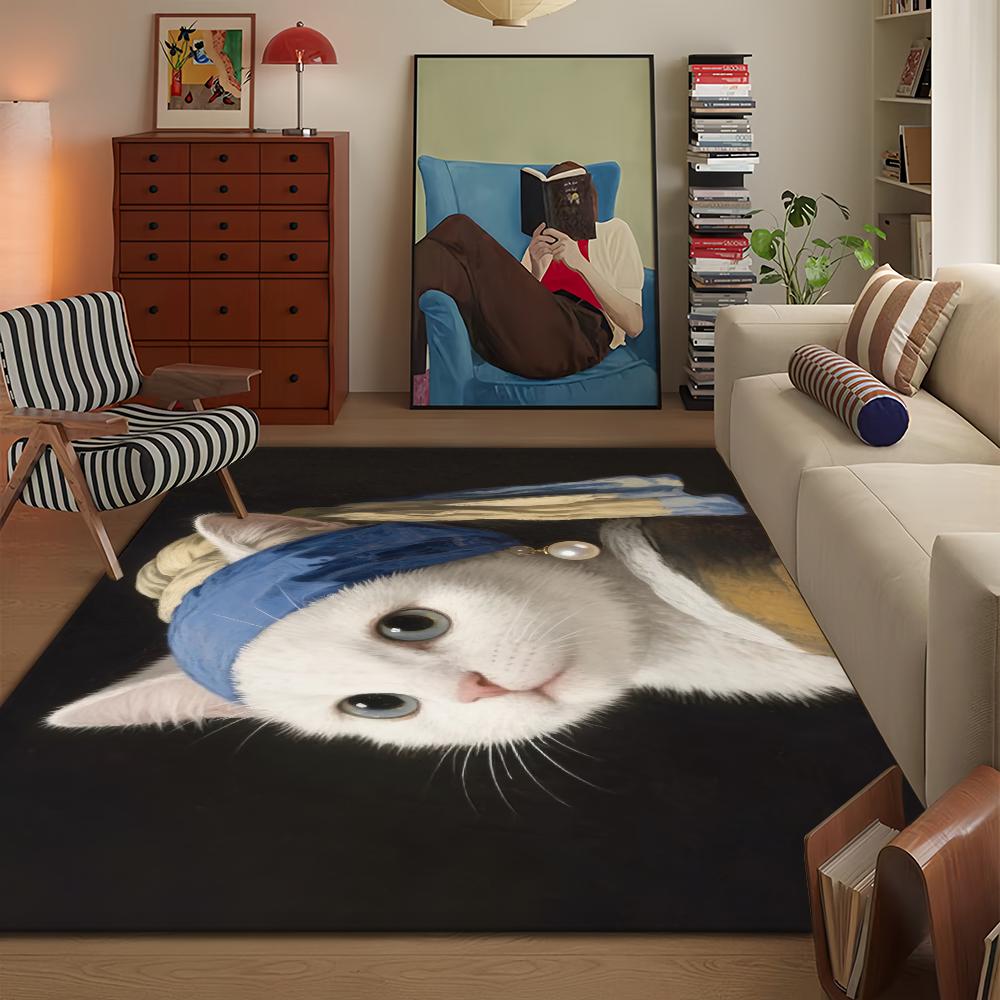 Girl with a Pearl Earring Cute Cat Microfiber Decorative Versatile Flannel Door Bath Floor Mat Quick Dry Absorbent Non-slip Sole