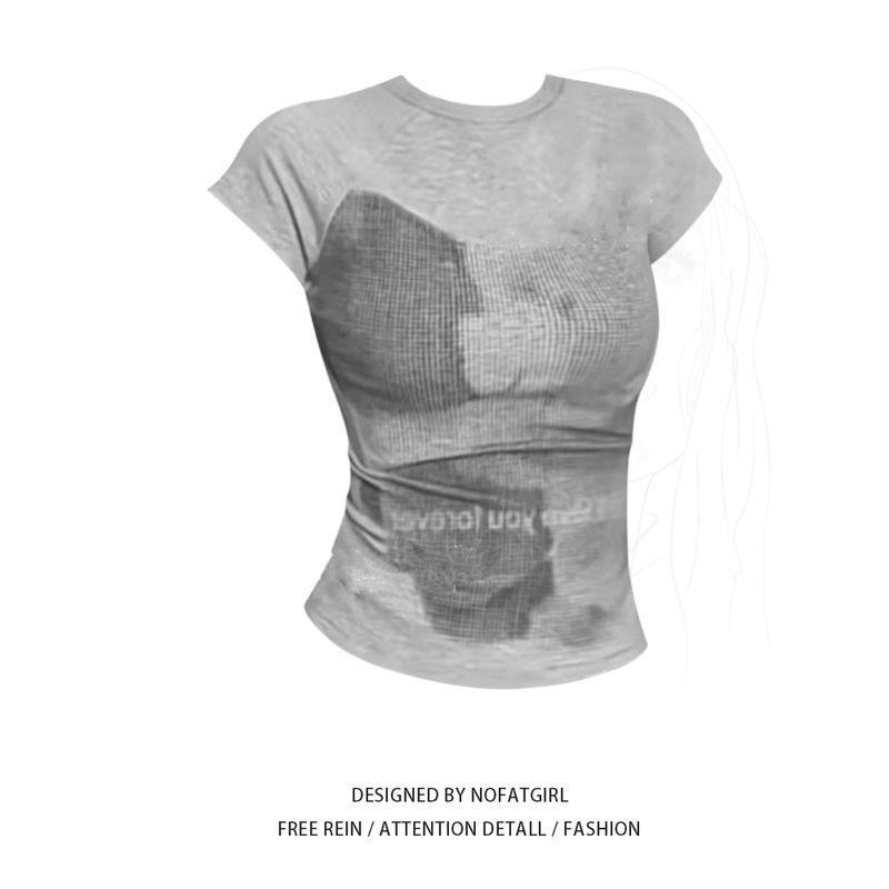 

Plus size Chubby Girl American vintage Print Gray Short sleeve T-shirt Women Summer New Slim fit Slimming Short Top Fashion Gray Top L