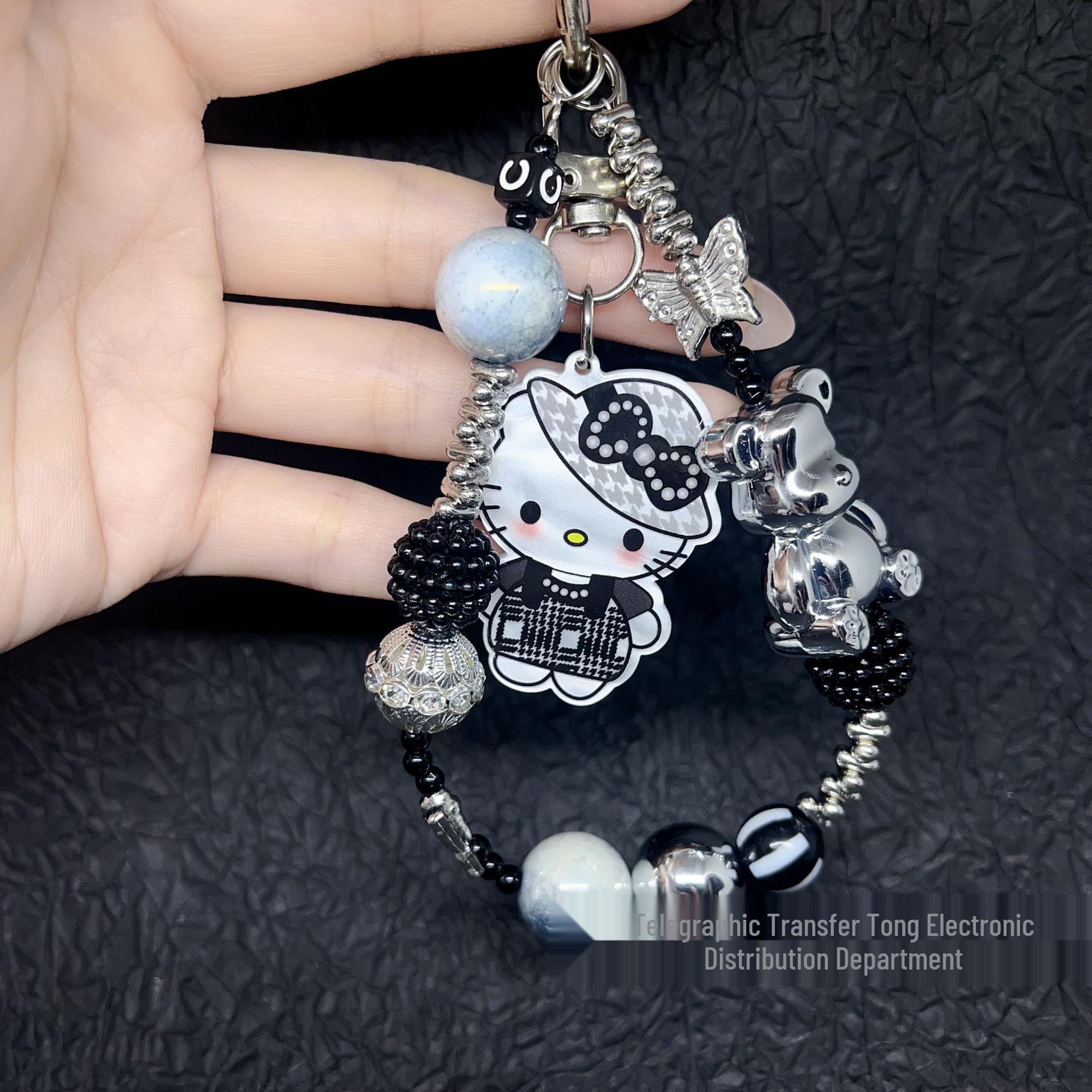 Classic Black & White Checkered Bow Beaded Lanyard Keychain - Bear & KT Cat Design