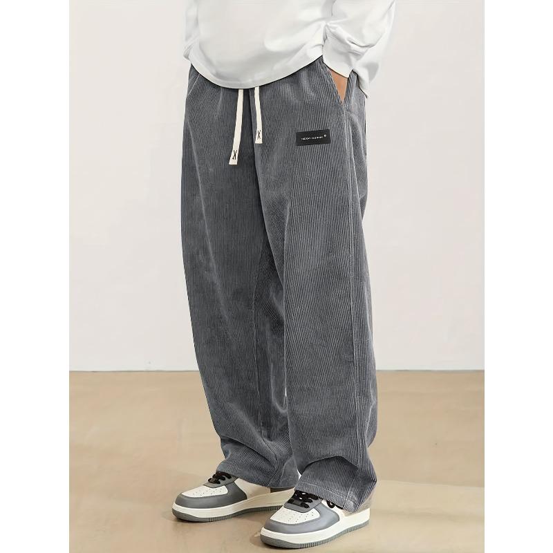 Men'S Corduroy Straight Leg Pants with Drawstring Waist, Pockets, and Logo Design  Stretchy Casual Fit for Everyday Wear Spring