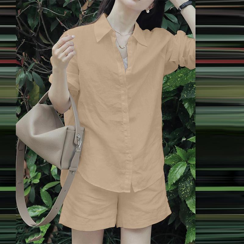 

ZANZEA Женская блузка с длинными рукавами и шорты повседневные комплекты из двух предметов 2XL