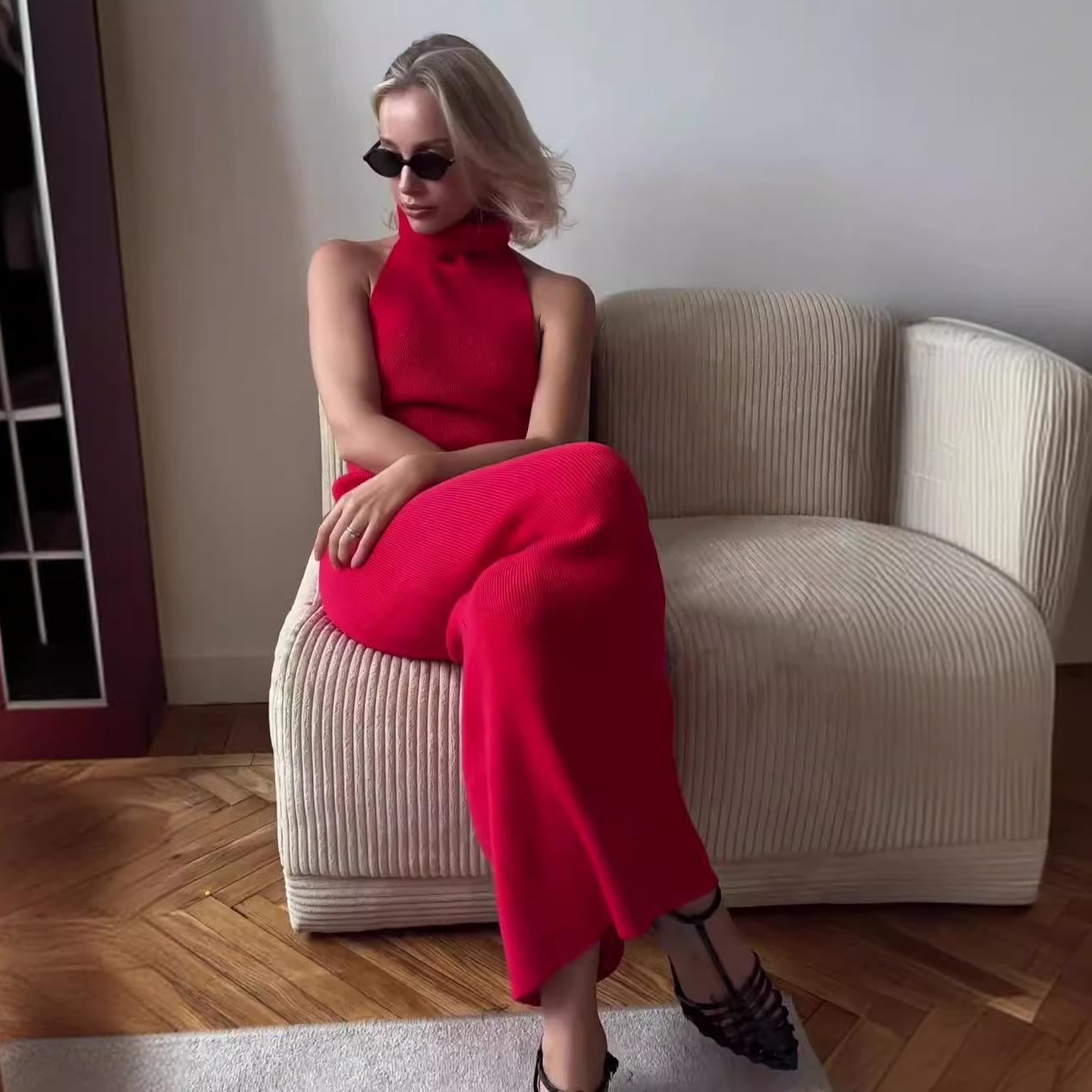 

Летнее европейское и американское однотонное платье с глубоким V-образным вырезом на спине, облегающее бедра, для женщин XXL красный