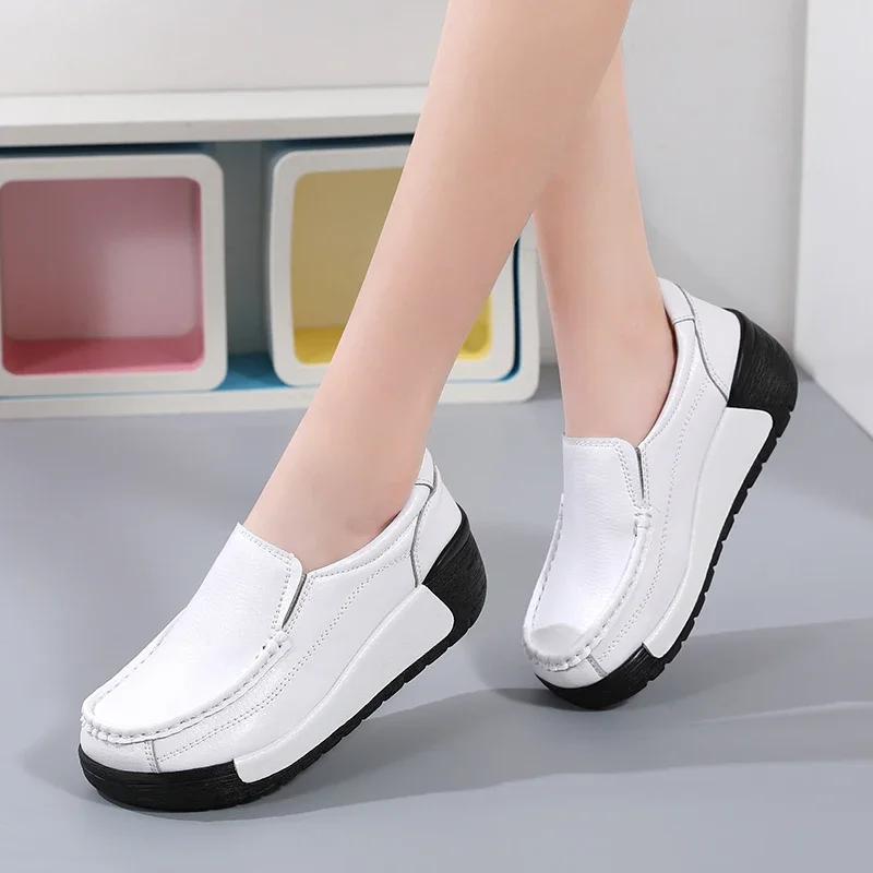 Spring Genuine Leather Casual Shoes Women Lightweight Thick Bottom Wedges Shoes Ladies Non-Slip Height-Increasing Flatform Shoes
