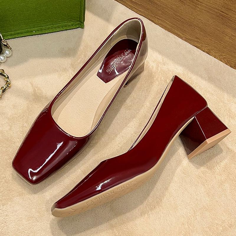 Fashion Solid Japanned Leather Pumps Woman Block High Heels Shoes OL Ladies Dress Work Escarpins Femmes Designer Luxury Tacones Mujer