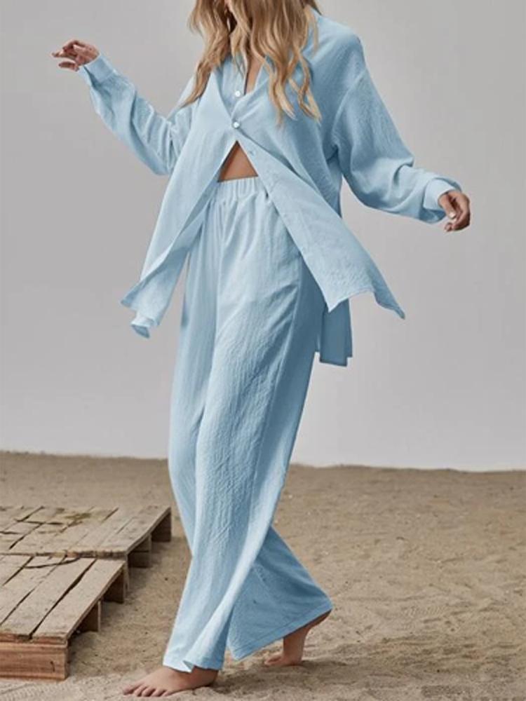 Jarní Elegantní Volný Módní Jednobarevný Outfit Dámské Košilové Obleky Dlouhý Rukáv Klopový Límec Košile A Elastické Kalhoty s Vysokým Pasem 2dílný Set