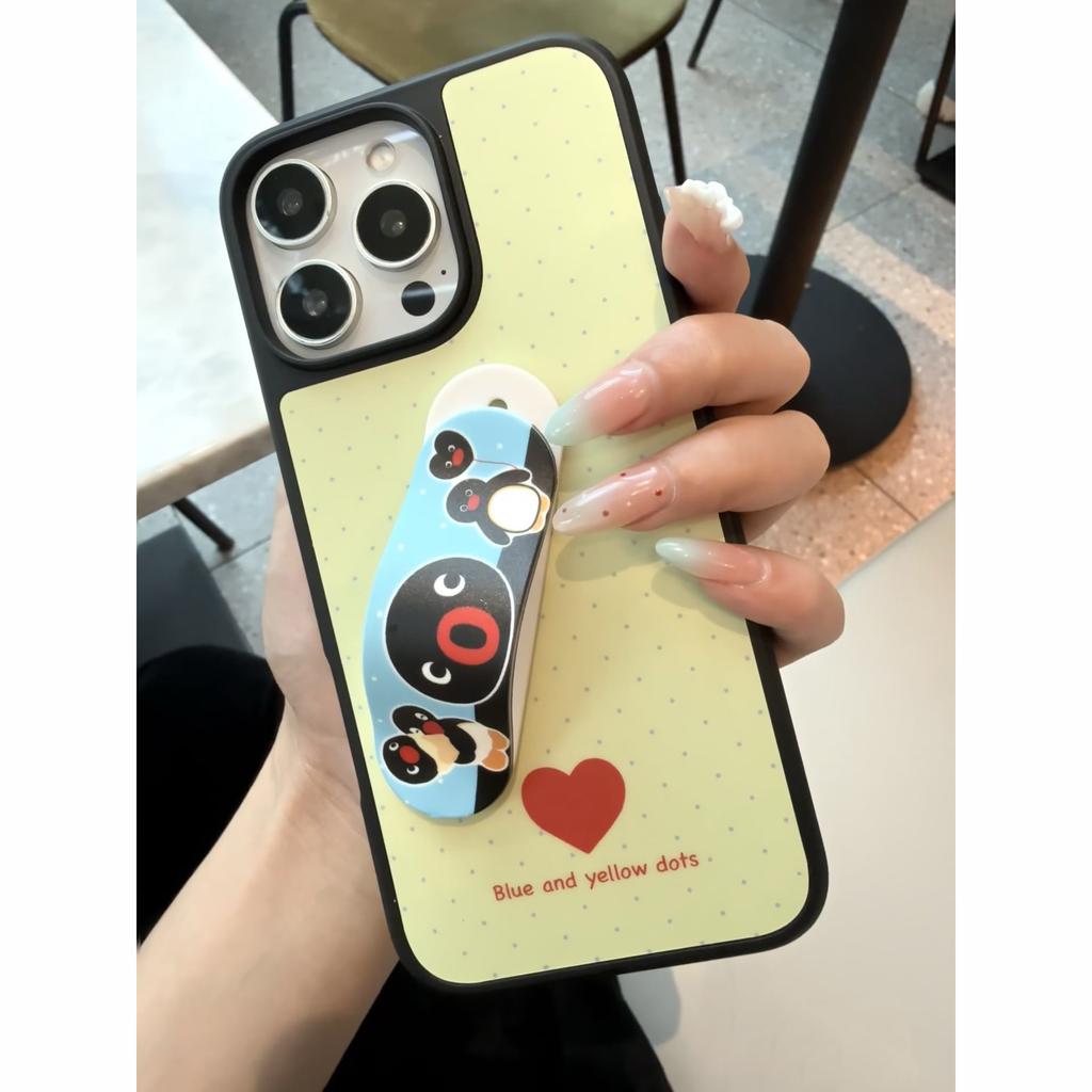 Korean Polka Dot Love Penguin, Suitable for Apple iPhone17 Mobile Phone Case 15 Band-Aid Bracket 16 Matte 14 Sets
