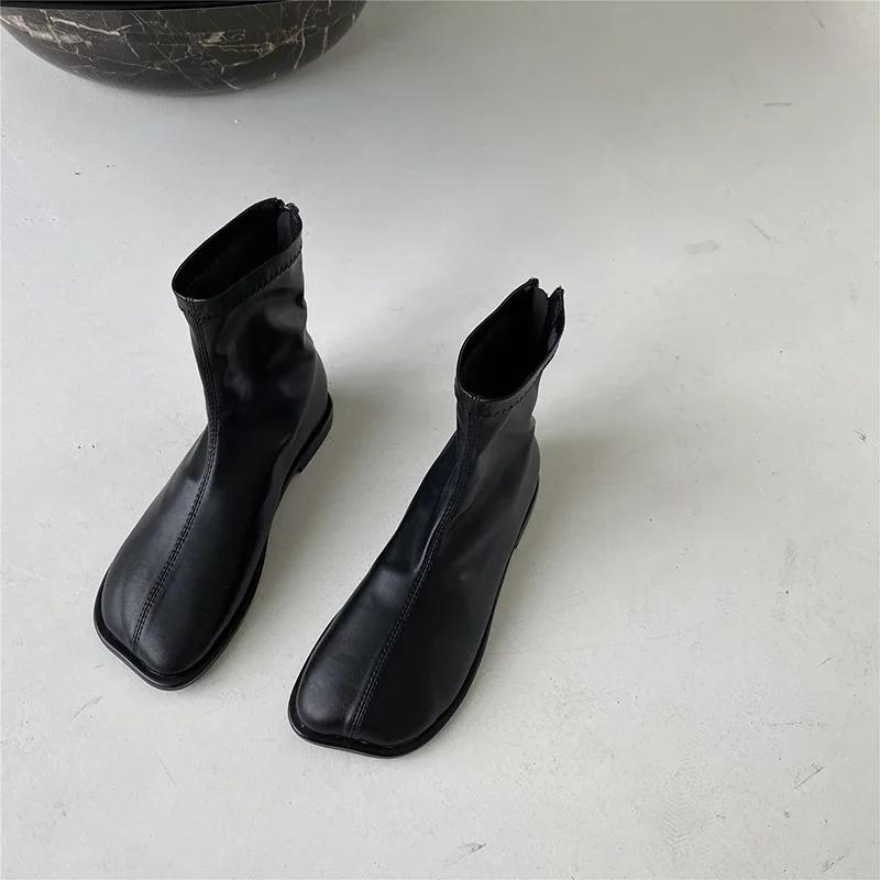 Podzimní dámské štíhlé krátké boty, módní zadní zipy, ploché kotníkové boty, pohodlné měkké kožené dámské boty