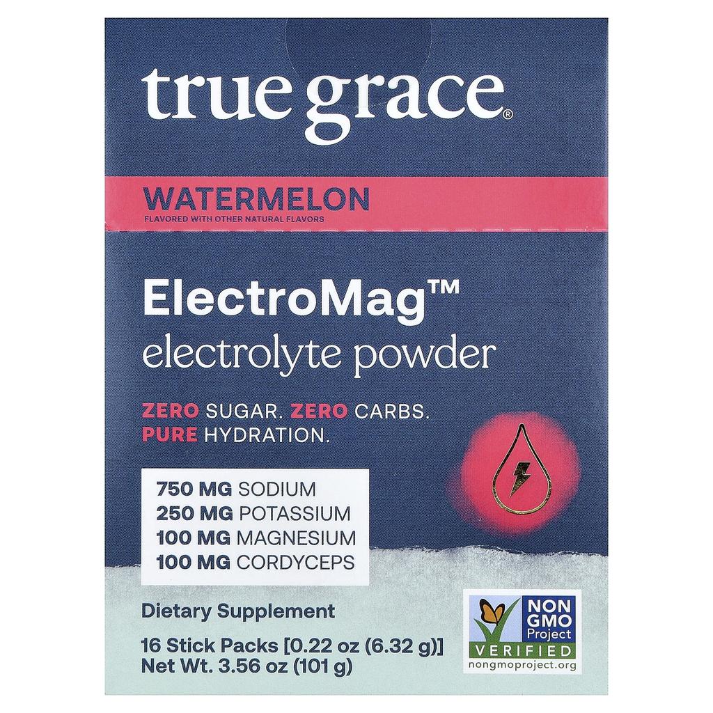 True Grace, ElectroMag™, Electrolyte Powder, Watermelon, 16 Stick Packs, 6.32 g (0.22 oz) Each